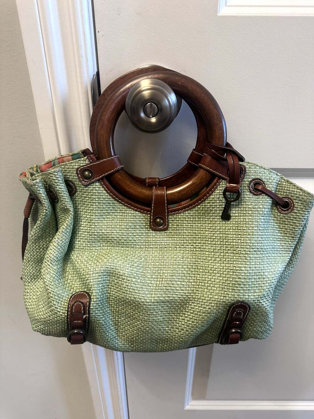 Fossil Cierra Green Woven Raffia Satchel Wood Handles Boho Y2K Handbag